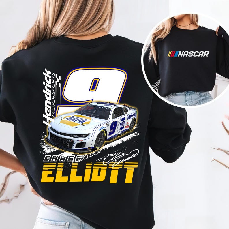 May include: Black sweatshirt featuring a white race car with the number 9 and the name "Chase Elliott." The back of the shirt also displays the text "Hendrick Motorsports." A smaller image on the right shows a black sweatshirt with the word "NASCAR."