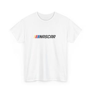 May include: White t-shirt featuring the word "NASCAR" in black, with a colorful stripe design above the text. The stripes are yellow, red, and blue. The shirt is a crew neck style.