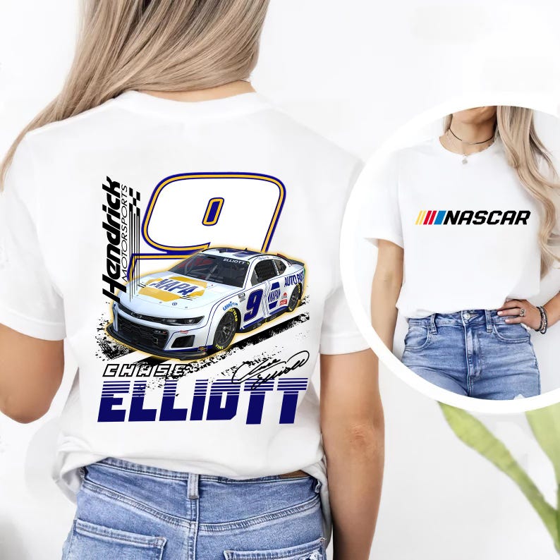 May include: White t-shirt featuring a graphic of a race car with the number 9 and the name "Chase Elliott." The shirt also displays the "Hendrick Motorsports" logo and the word "NASCAR" in a colorful design.