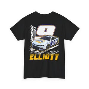 May include: Black t-shirt featuring a graphic of a white and blue race car with the number 9. The shirt also displays the name "Chase Elliott" in yellow and white, along with the Hendrick Motorsports logo.