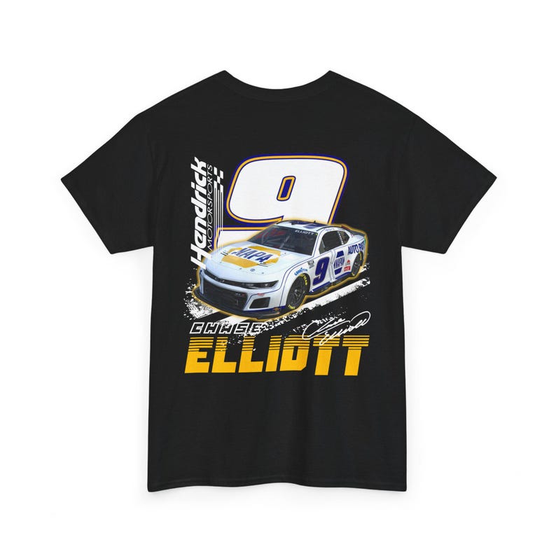 May include: Black t-shirt featuring a graphic of a white and blue race car with the number 9. The shirt also displays the name "Chase Elliott" in yellow and white, along with the Hendrick Motorsports logo.