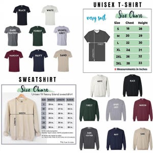 May include: A product image showcasing a variety of unisex t-shirts and sweatshirts in various colors, including black, white, and navy. Size charts are included, with measurements in inches. The t-shirts are labeled as "very soft."