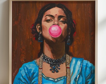 Bubblegum art Print South Asian Art Pakistani Art Desi Art Woman Art Indian Painting Indian Wall Art Desi girl Indian Canvas Indian Decor