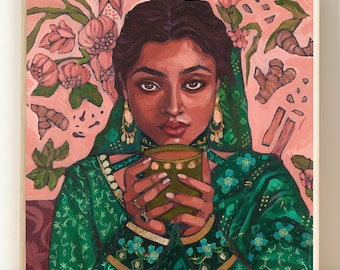 Chai Art Print Pakistani Art Indian Woman Art Indian Painting Indian Wall Art South Asian Art Desi India Artwork Indian Canvas Indian Decor
