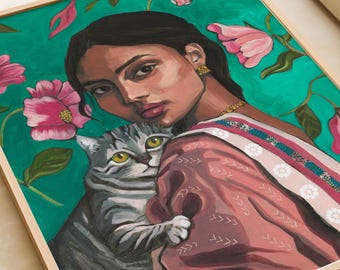 Indian Woman Art Indian Painting Cat painting Indian Wall Art South Asian Art Pakistani Art Desi Art Print India Artwork Indian Canvas Art