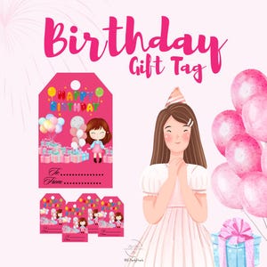 Cute Birthday Gift Tag, Printable Pink Birthday Gift Tag, Cute Birthday Label Tags, Instant Download PDF, DIY Party Favor Tags