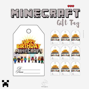 Birthday Gift Tags, Printable Pixel Block Tags, Birthday Favor Tags for Kids, Kids Party Gift Label, Instant Download, DIY Gift Tags