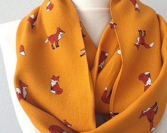 Mustard yellow fox scarf, cute red fox print, fairytale woodland scarves for women, gift for her