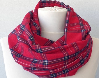 Red and gold  tartan soft infinity scarf, plaid scarves for women
