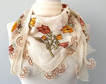 Vintage Turkish needlelace oya scarf, , anatolian yazma headscarf, tulip print summer neck scarves women, mothers day gift for her