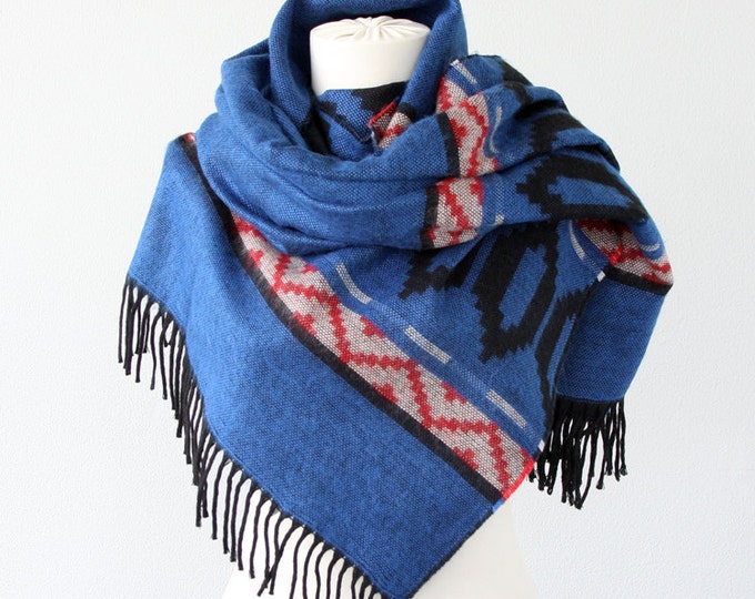 Blanket Scarf Winter Wrap Cobalt Blue Native Large Shawl Boho Chic