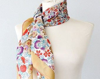 Pure silk voile scarf, square floral hijab, beige soft head wrap, luxury gift for her