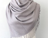 Pashmina shawl Gray scarf Thick Pashmina wrap Silver fringe shawl Plain shawl Winter accessories Solid color shoulder scarf