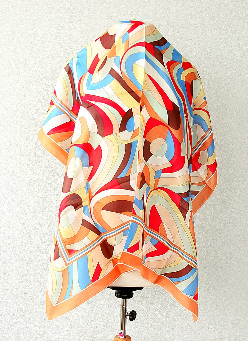 Silk scarf Geometric print colorful shawl Retro pattern