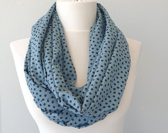 Teal blue polka dot scarf, cotton infinity scarf, loop scarves for women, summer circle scarf
