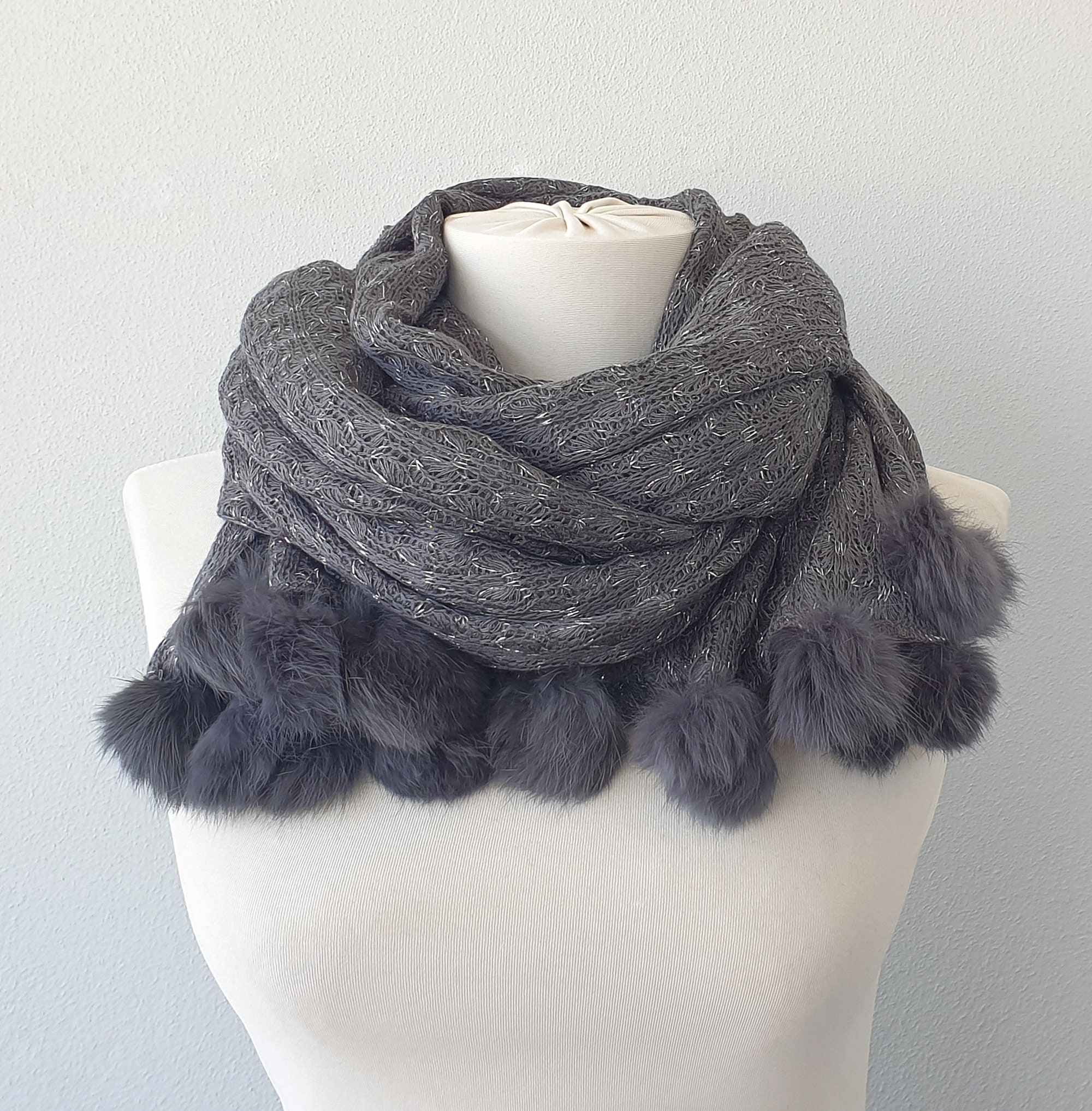 Charcoal Gray Sparkling Mohair Lace Knit Scarf With Faux Fur - Etsy
