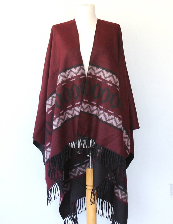 Burgundy poncho Winter wrap Aztec cape Tribal ponchos Winter | Etsy