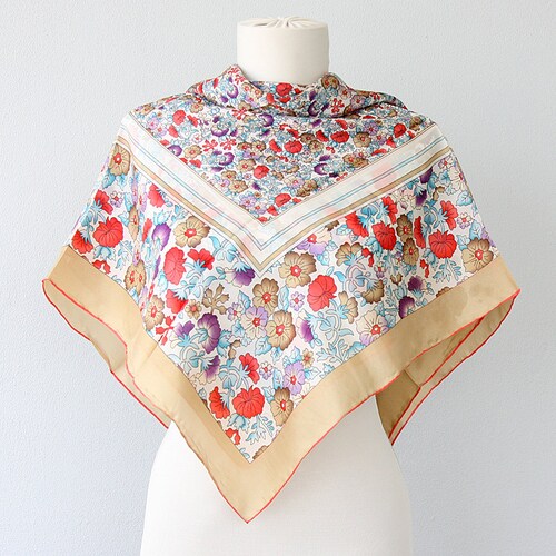 Pure silk buying voile scarf, square floral hijab, beige soft head wrap, luxury gift for her