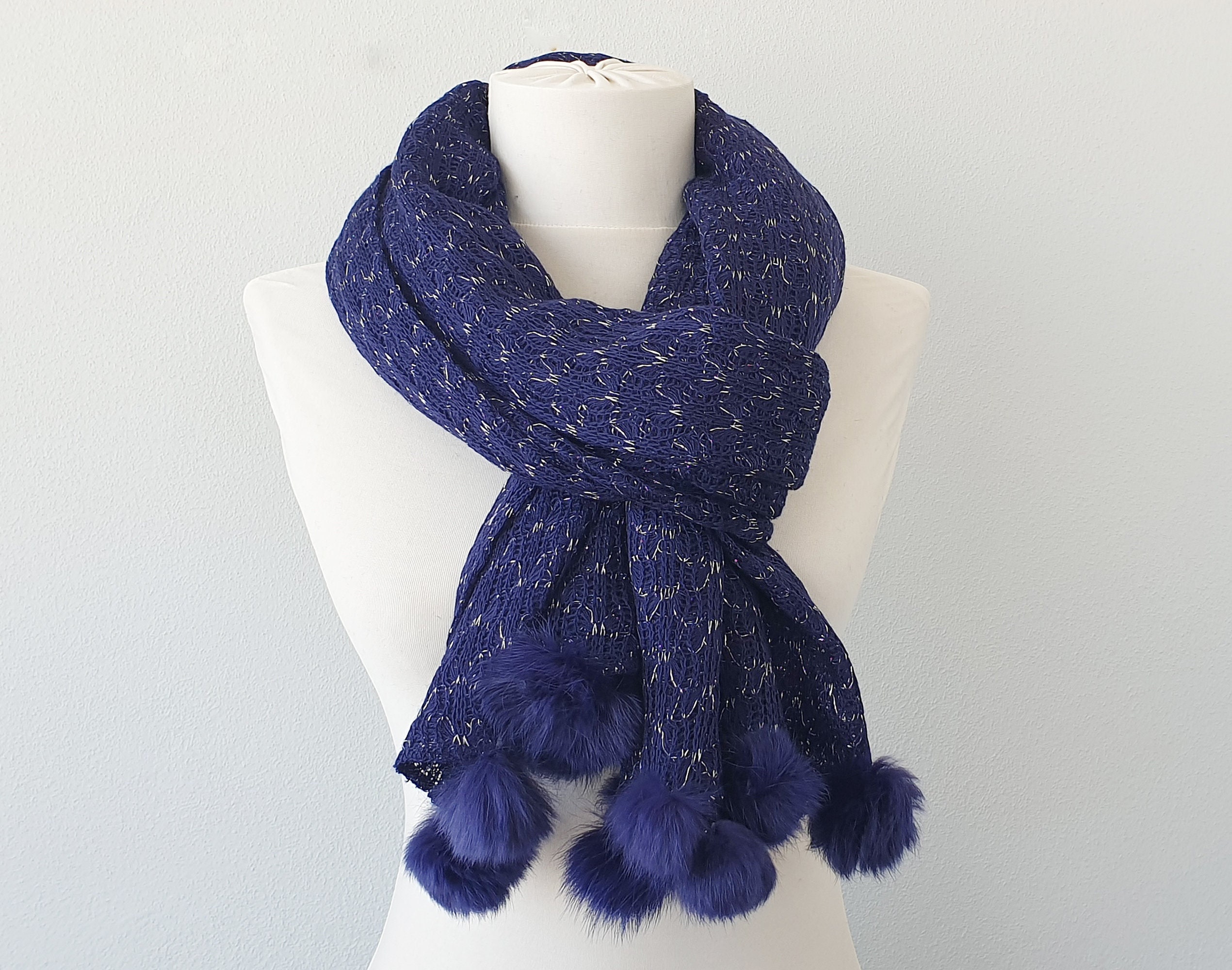 Navy Blue Long Lace Knit Scarf With Faux Pompoms