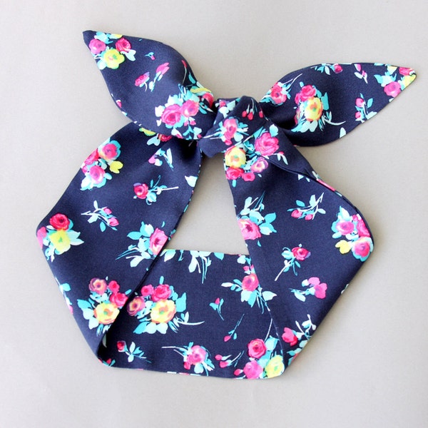 Top knot headband navy blue head wrap floral hair wrap pin up headband tie up headband hair accessories  adult headband women gift idea NORA