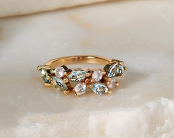 Natural Blue Topaz Ring for Women – Gold Plated Statement Jewelry, Marquise & Round Cut, Anniversary or Birthday Gift, Cocktail Ring