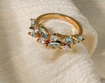 Blue Topaz Ring, Wedding Band Bridal Moissanite Ring, Marquise Round Cut Statement Jewelry, Promise Anniversary Matching Ring, Gift For Love