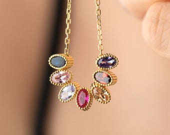 Oval Birthstone Necklace, Family Birth stone Necklace, Mothers Necklace, Christmas Gift, Sterling Silver Jewelry