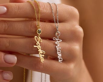 Name Necklace With Birthstone, Personalized Vertical Name Pendant, New Mom Gift, Birthday & Christmas Gift for Her