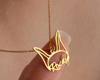 Custom Sterling Silver Dog Name Necklace with Ears Outline - Pet Memorial
