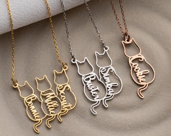 Dainty Cat Name Necklace, Custom Christmas gift for Cat Lovers, Pet Memorial Gift for mom, sterling silver silhouette jewelry