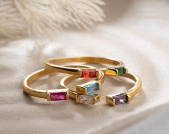 Duo Baguette Birthstone Ring, Custom Stackable Gemstone Ring, Perfect for Everyday Jewelry, Mothers Ring 2 Stone