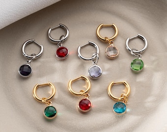 Birthstone Earrings, Birthday Gift for her, Gemstone Jewelry, Dangle Birthstone Hoops, Drop Birthstone Huggies