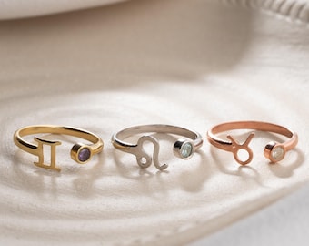 Gold Birthstone Ring with Zodiac Sign, Gift for Astrology Lover, Constellation Jewelry, Personalized Birthday Gift for Her