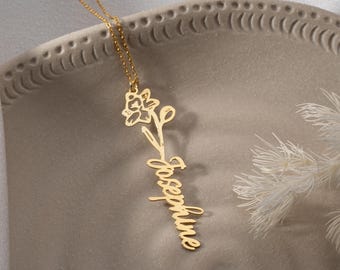 Birth Flower Necklace, Custom Nameplate Pendant, Personalized birth month necklace, Birthday Gift for her, Mothers day gift