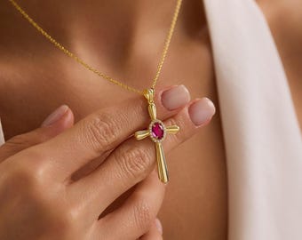 925K Silver Cross Birthstone Necklace, Dainty Vertical Necklace, Mother Family Pendant Gift, Personalized Christmas Gift for Mom