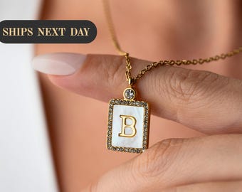 18K Gold Mother of Pearl Initial Necklace, Gold Initial Letter Necklace, Name Necklace, Custom Jewelry, Layering Necklace