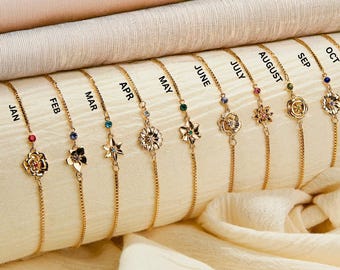 Custom Birth Month Jewelry, Birthstone Bracelet, Birth Flower Gift, Birthday gift for new mom, Birth Flower Bracelet with Box Chain