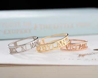 Custom Name Ring, Personalized Band Ring, Roman Numerals Ring, Gift for Mom, Personalized Christmas Gift, Gold Jewelry Gift Her