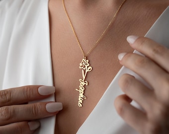 Custom Name Necklace with Birth Flower, 925 Sterling silver jewelry, Bridesmaid proposal  Gift for her