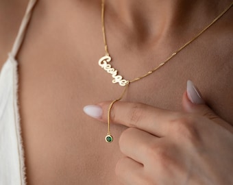 Tiny Birthstone & Name Necklace, Gold Name Pendant Necklace, Custom Birthstone Jewelry, Birthday Gift for Her, Christmas Gift
