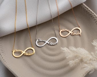 Infinity Necklace with Two Names, 18K Gold Double Nameplate, Personalized Jewelry for Couples Gift for Her