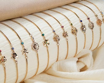 Personalized Birth Flower Bracelet: Gold Stainless Steel, Birthstone Jewelry