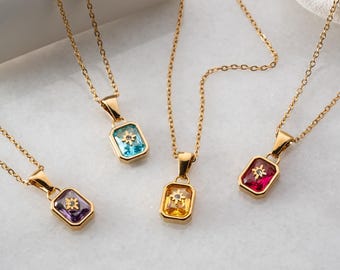 Minimalist Birthstone Necklace, Celestial Necklace Pendant, North Star Charm, Mother's Birthstone Jewelry