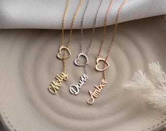 Vertical Nameplate Lariat Heart Necklace, Custom Y Necklace, Personalized Gift for Her, Bridesmaid Jewelry, Christmas Gift