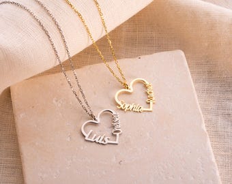 Custom Two Name Necklace with Heart, 18K Gold , Personalized Couple Names Necklace, Kids Name Necklace , Anniversary gift , Christmas Gift