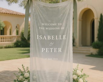 Custom Sheer Wedding Sign, Romantic Sheer Wedding Sign, Modern Outdoor Wedding Banner, Engagement Party Sign, Voile Wedding Welcome Sign