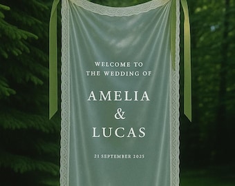 Personalized Sheer Wedding Sign, Romantic Sheer Wedding Sign,Modern Outdoor Wedding Banner, Engagement Party Sign,Voile Wedding Welcome Sign