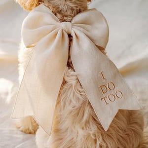 Custom Linen Dog Bow with Embroidery, Personalized Collar Bow for Wedding, Proposal, Puppy Gift, Pet Ring Bearer, Handmade Bowtie