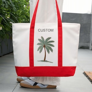 Embroidered Palm Tree Tote Bag, Tropical Canvas Beach Bag, Coastal Summer Tote, Handmade Gift for Her, Beach, Resort, Gift for Her, Tote Bag