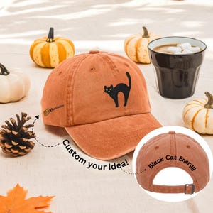 custom Black Cat embroidered  Hat, Embroidered Halloween Cat Hat, Fall Witchcore Cap, Spooky Cute Hat, Custom Back Text Hat, halloween gift